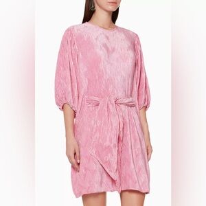 Ganni Pleated Waist Tie Satin Mini Dress